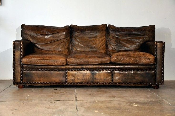Classic Distressed Brown Leather Sofa with Nailhead Trim