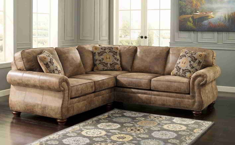 Classic Leather Gold Sectional Sofa with Patterned Cushions
