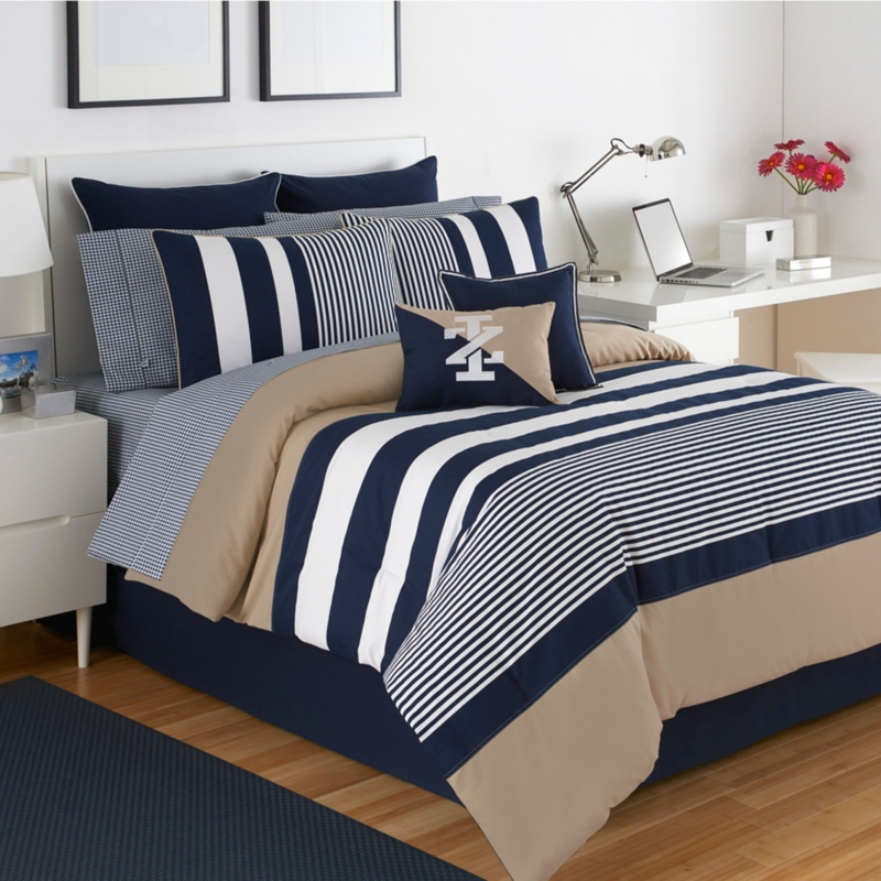 Classic Navy Blue and Khaki Striped Comforter Set