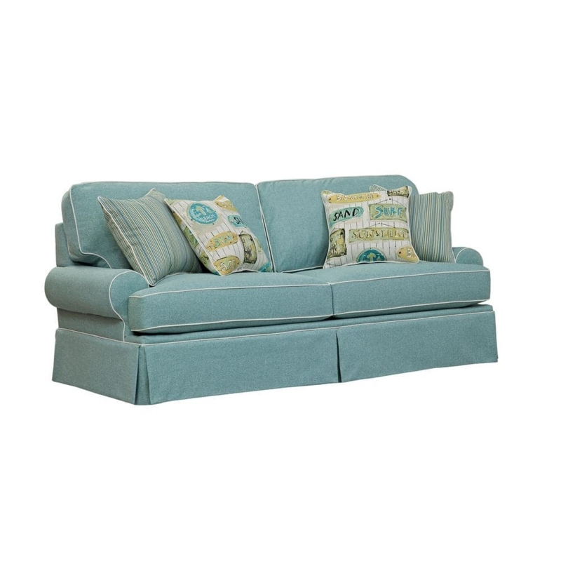 Coastal Aqua Blue Slipcovered Sofa with Decorative Pillows