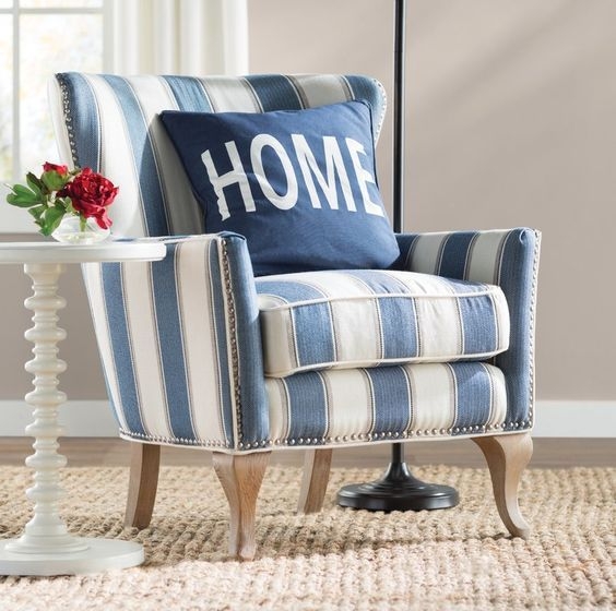Coastal Blue and White Striped Accent Chair