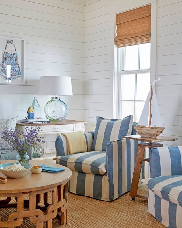 Coastal Blue and White Striped Beach Living Room