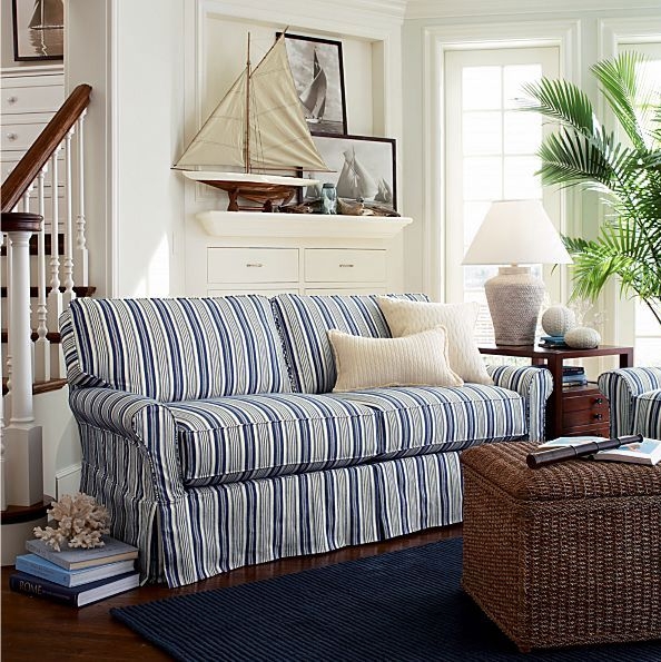 Coastal Blue and White Striped Sofa Living Room