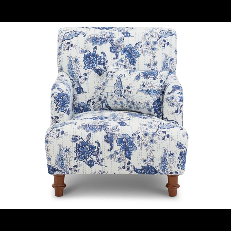 Coastal Blue Floral Accent Chair with Wooden Legs