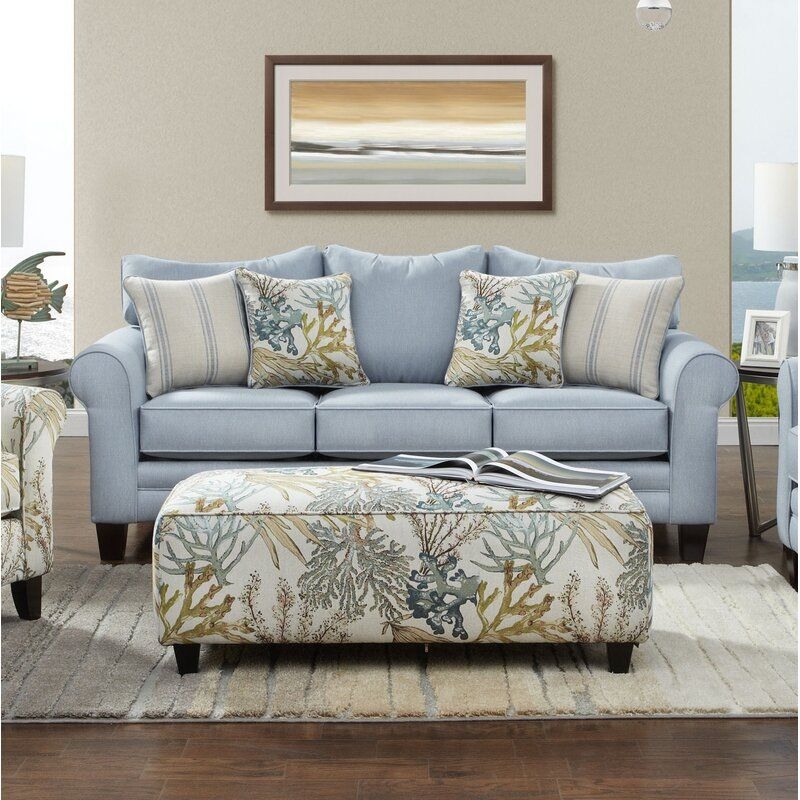 Coastal Blue Sleeper Sofa with Patterned Ottoman