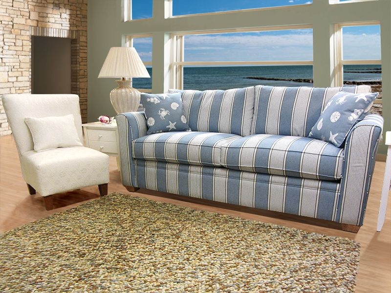 Coastal Blue Striped Sofa with Nautical Accent Pillows