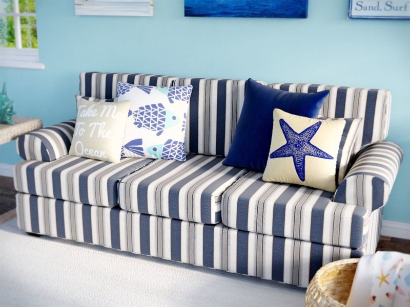 Coastal Blue Striped Sofa with Themed Accent Pillows