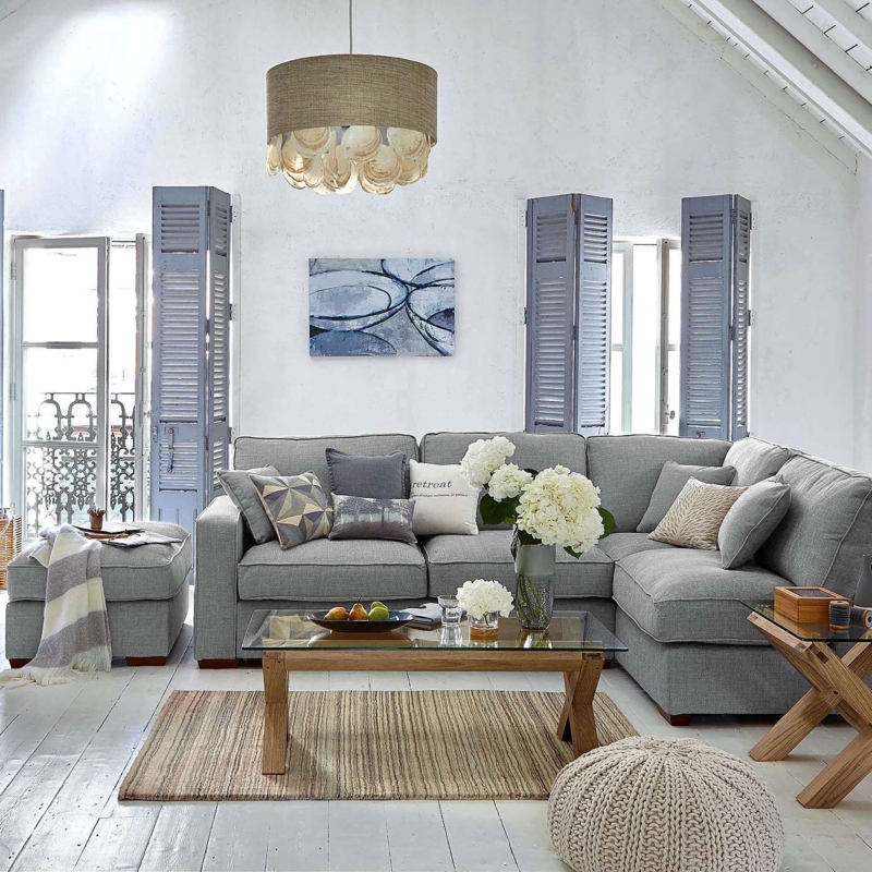 Coastal Gray Sectional Sofa with Rustic Wood Accents