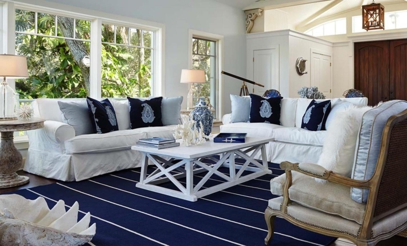 Coastal Living Room with Navy and White Decor