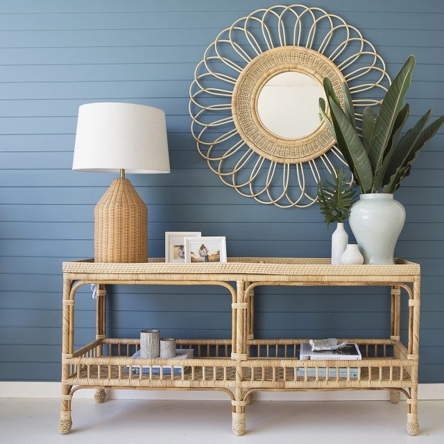 Coastal Rattan Console Table with Blue Wall