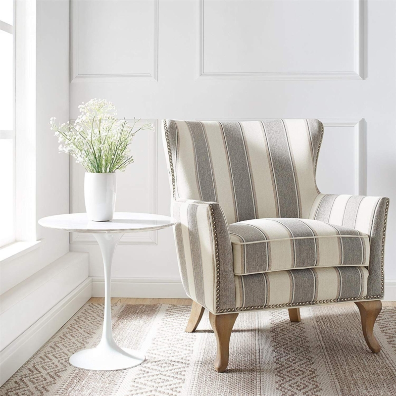 Coastal Striped Accent Chair with White Side Table