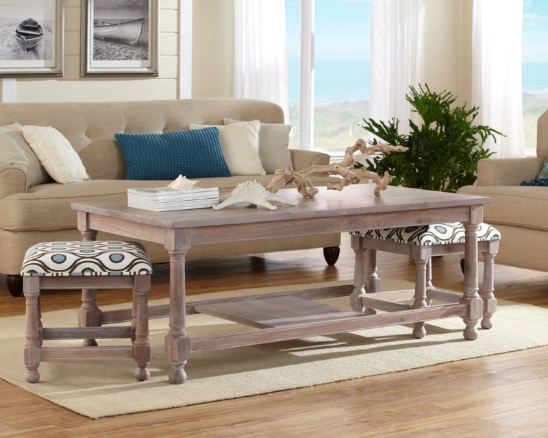 Coastal Style Coffee Table with Patterned Nesting Stools