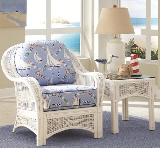 Coastal White Wicker Accent Chair with Nautical Cushions