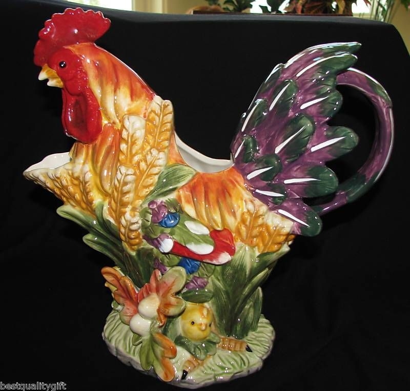 Colorful Handpainted Ceramic Rooster Pitcher Jar
