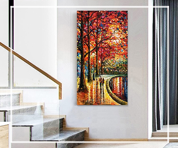 Colorful Vertical Canvas Painting in Modern Staircase