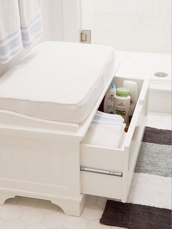 Compact White Bathroom Storage Bench with Cushion