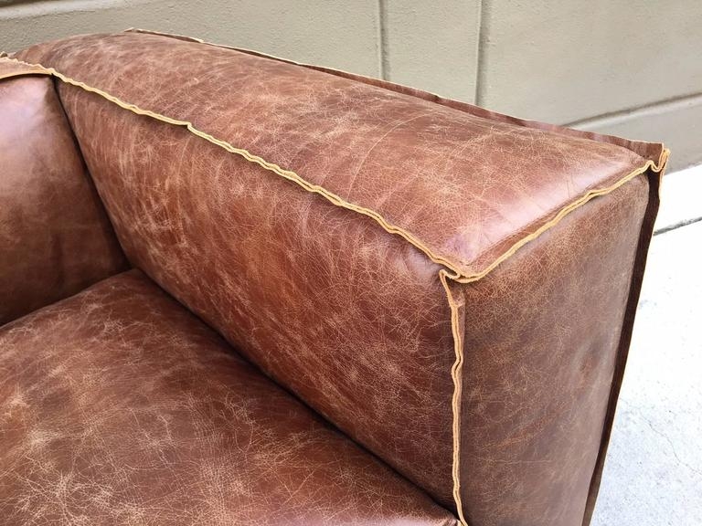 Contemporary Distressed Brown Leather Sofas Pair