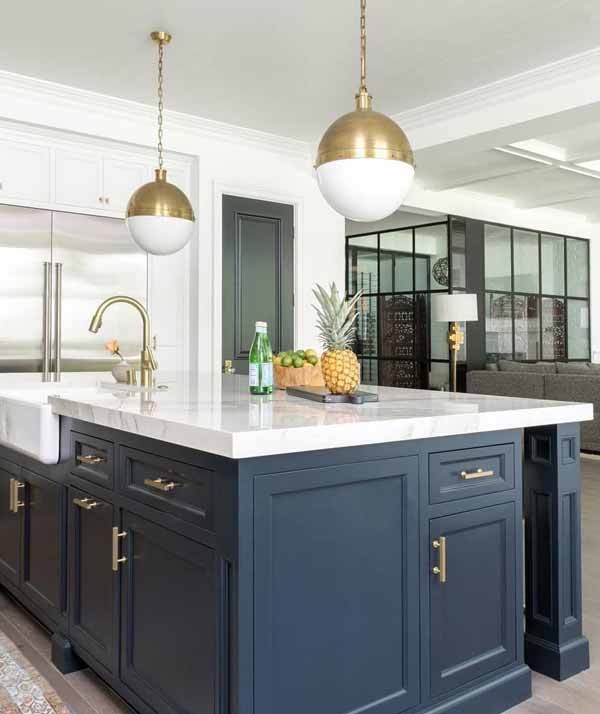 Contemporary Kitchen Island with Brass Pendant Lighting