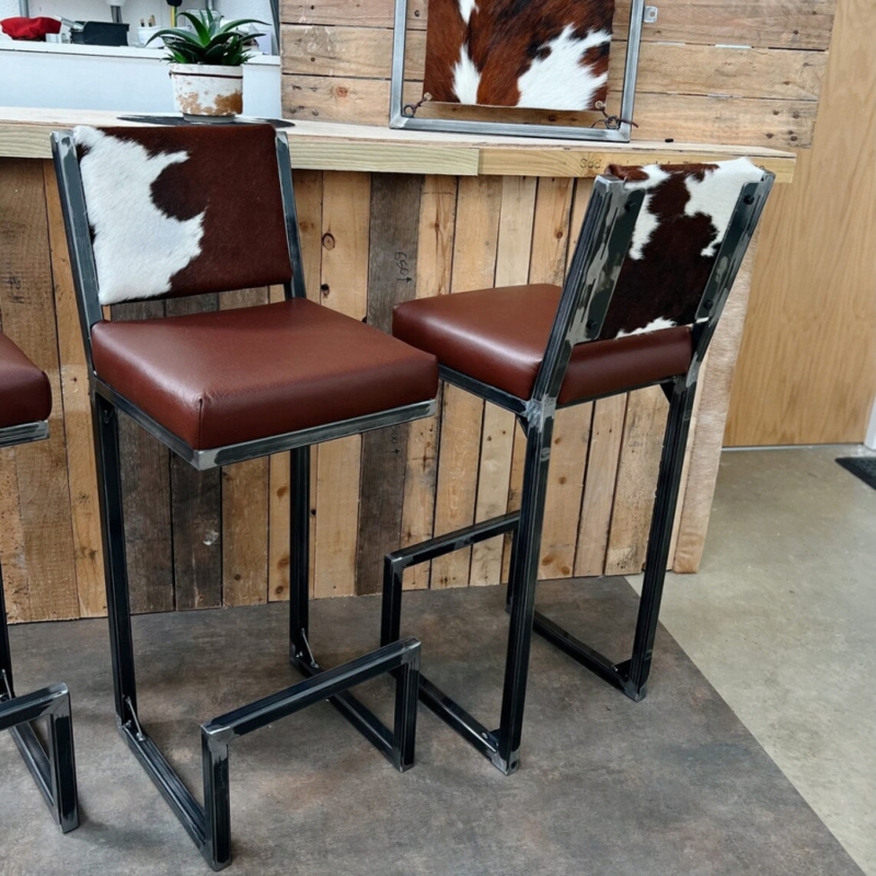 Cowhide and Leather Industrial Bar Stools with Back Support