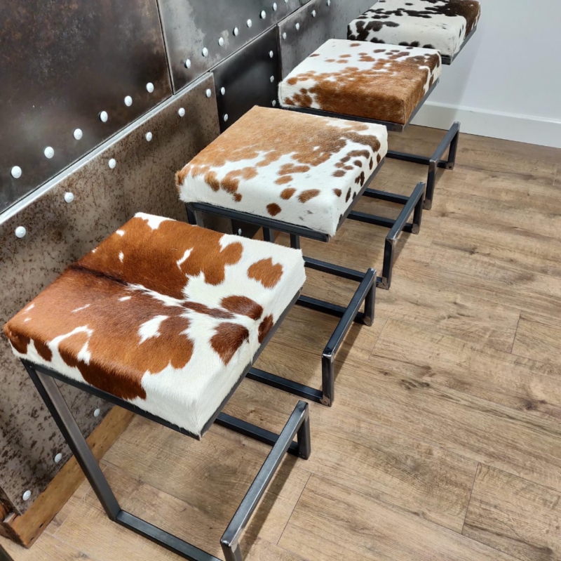 Cowhide Bar Stools with Custom Metal Frames