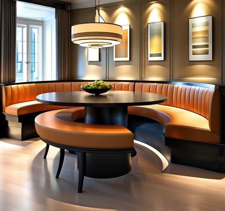 Cozy Round Dining Table with Curved Banquettes