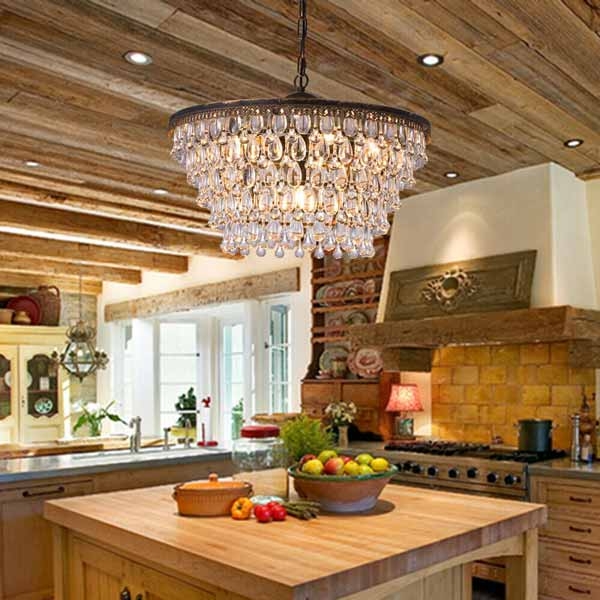 Cozy Rustic Kitchen with Crystal Chandelier Lighting