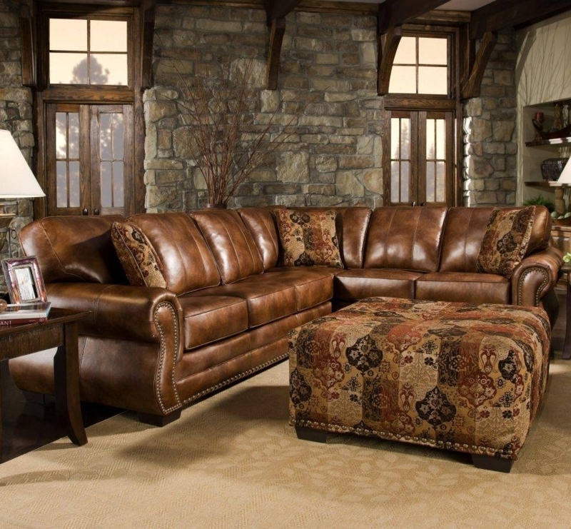 Cozy Rustic Leather Sectional Sofa with Patterned Ottoman