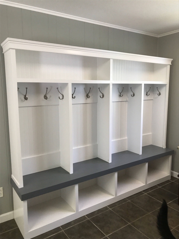 Custom Built White Mudroom Lockers with Bench Seating