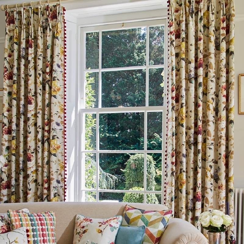 Custom Floral Curtains Brightening Cozy Living Room