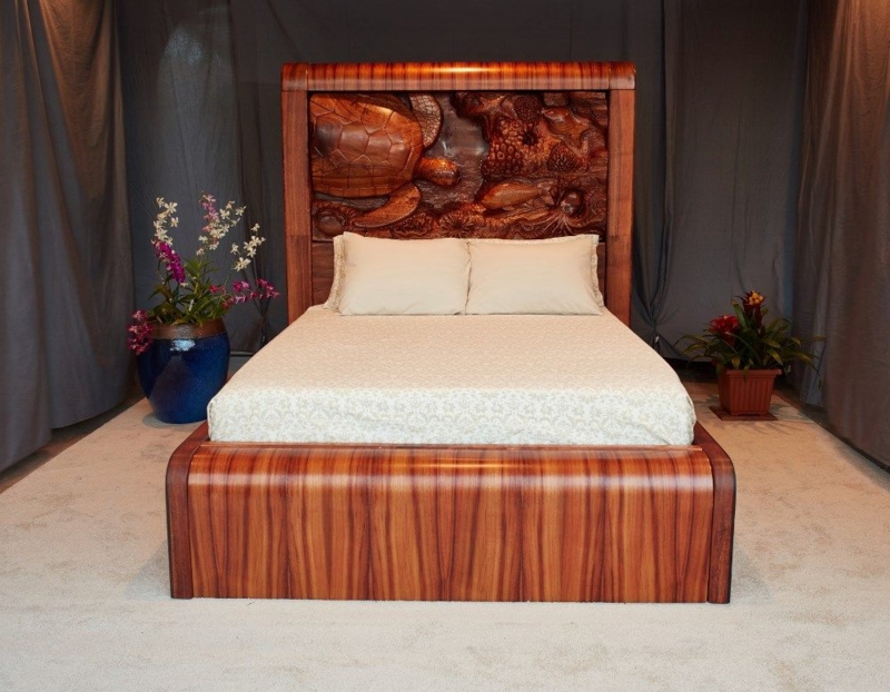 Custom Koa Wood Bed with Carved Ocean Headboard