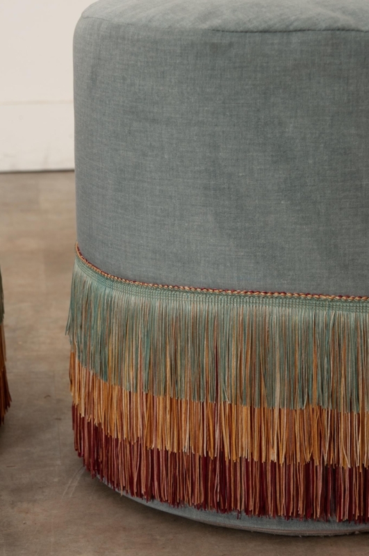 Custom Velvet Fringe Ottomans with Multicolor Trim