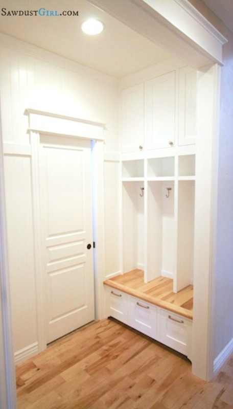 Custom White Mudroom Lockers with Wood Bench