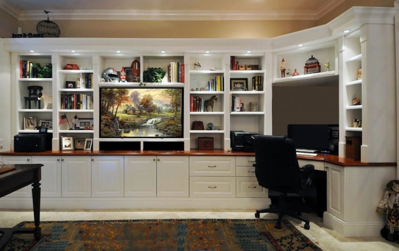 Custom White Wall Unit Bookshelves with Desk Combo