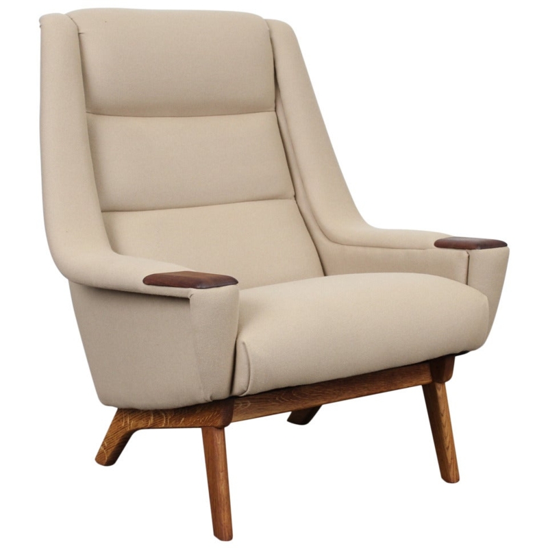 Danish Mid-Century Modern Beige Lounge Chair with Teak
