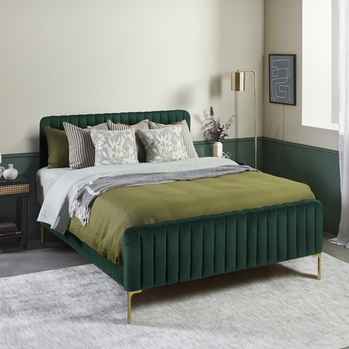Dark Green Velvet Bed with Gold Legs