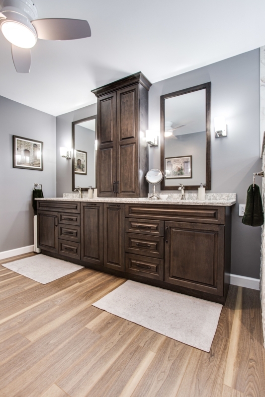 Dark Wood Double Sink Bathroom Vanity with Storage Tower