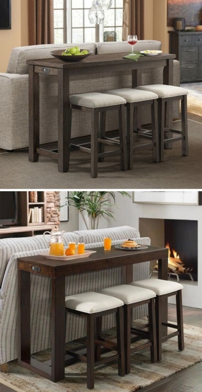 Dark Wood Sofa Table with Upholstered Stools Set
