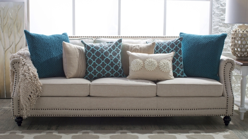 Decorate Neutral Sofa with Blue and Beige Throw Pillows