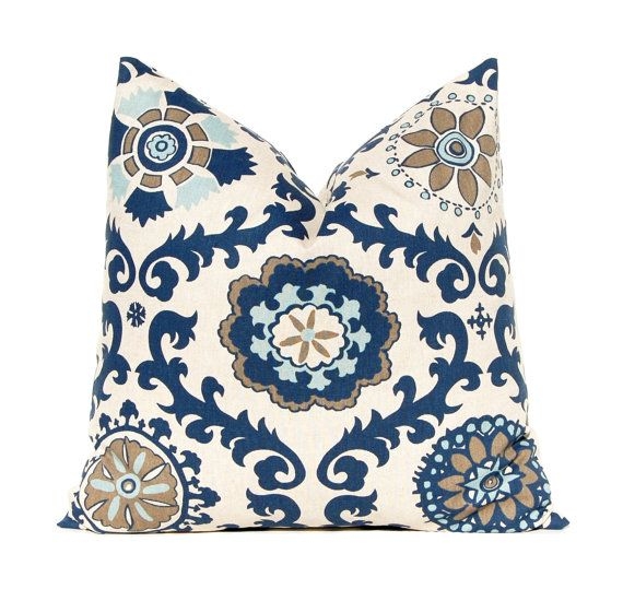 Decorative Throw Pillow Covers 22 x 22 Navy Taupe Aqua on Linen Cushion ...