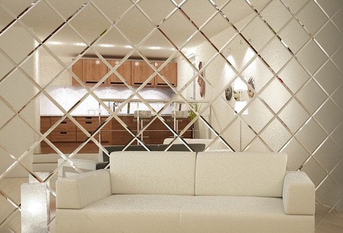 Diamond Pattern Mirror Wall Panel in Modern Living Room