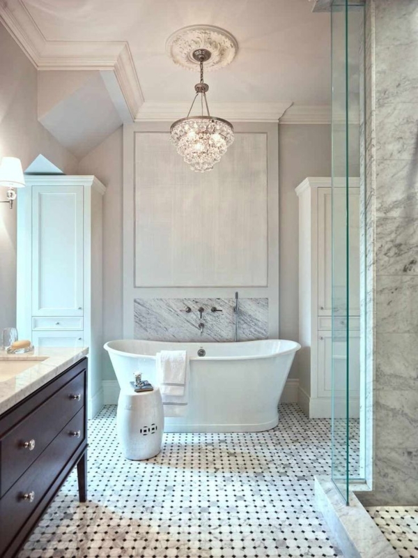 Elegant Bathroom with Chandelier and Freestanding Tub
