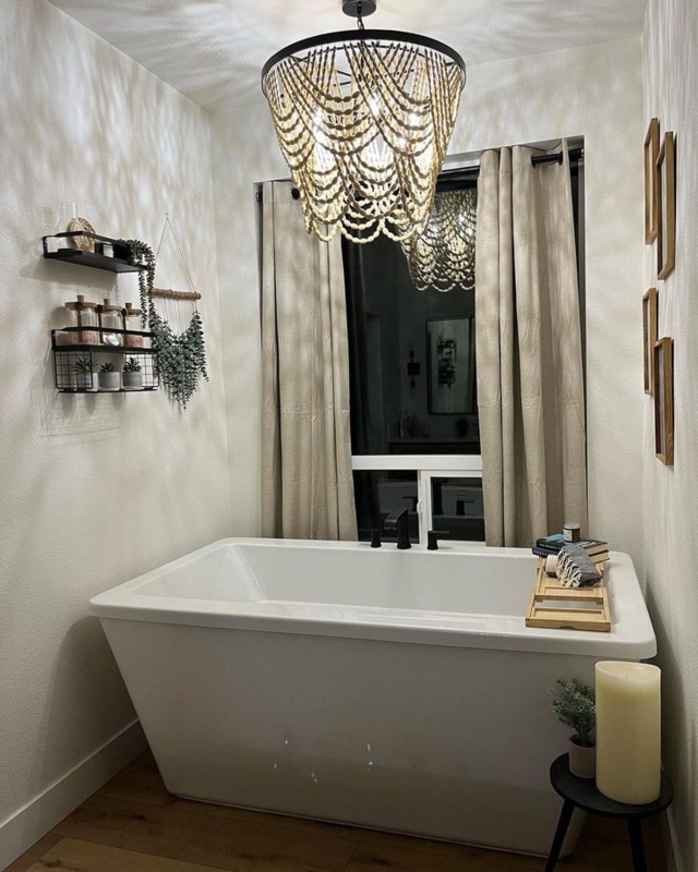 Elegant Beaded Chandelier Above Modern Bathtub