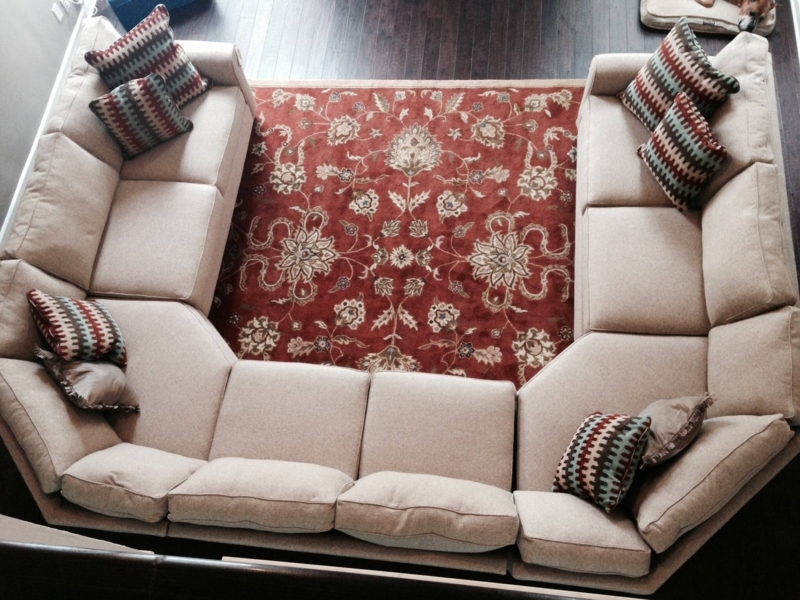 Elegant Beige C Shaped Sofa with Patterned Cushions