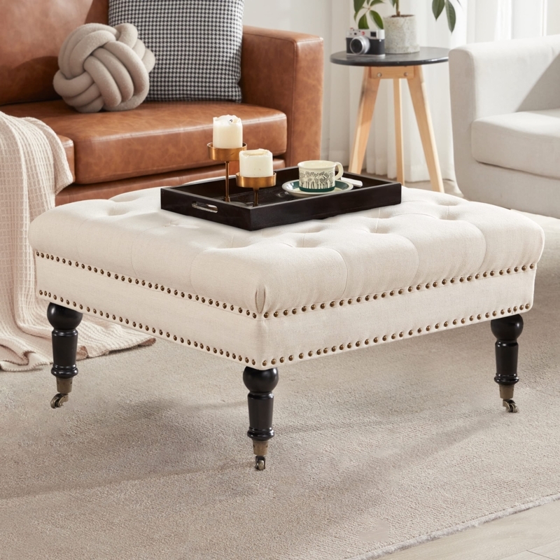 Elegant Beige Tufted Ottoman Coffee Table with Nailhead Trim