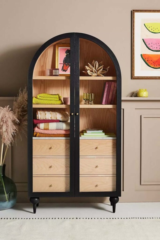 Elegant Black Arched Cabinet with Natural Wood Shelves