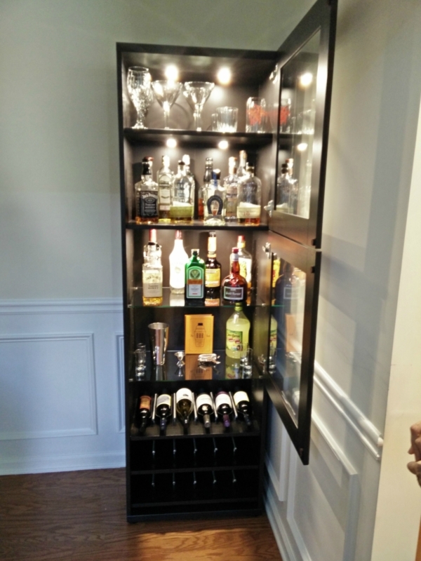 Elegant Black Bar Cabinet with Glass Door Lighting