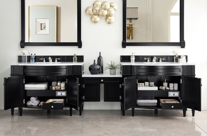 Elegant Black Double Sink Vanity with Makeup Station