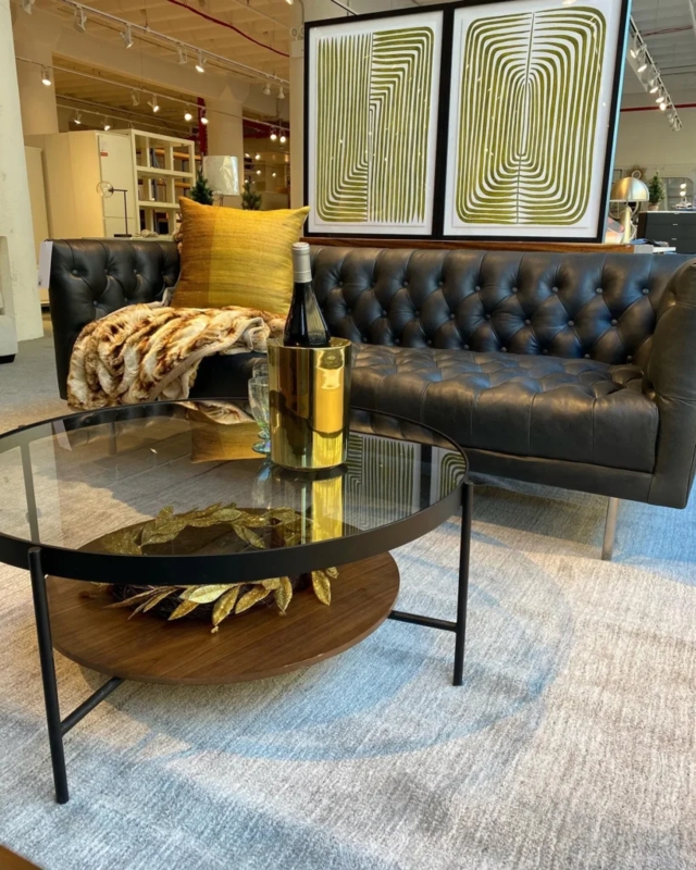 Elegant Black Leather Sofa with Gold Accents Living Room