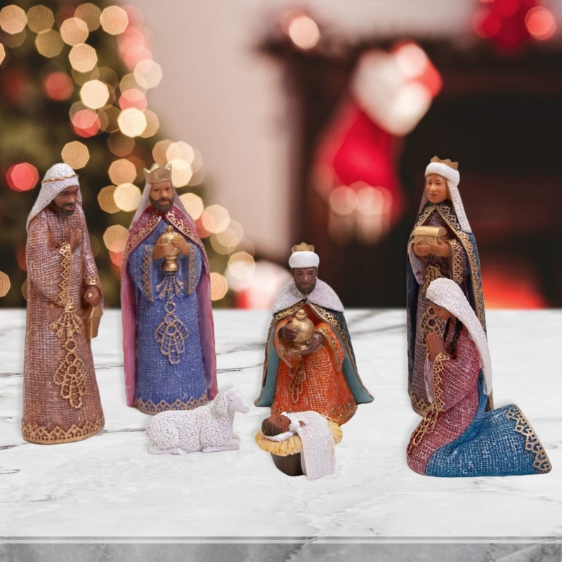 Elegant Black Nativity Set with Colorful Robes