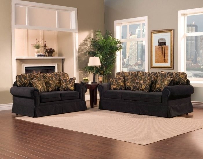 Elegant Black Sofa Set with Patterned Accent Cushions